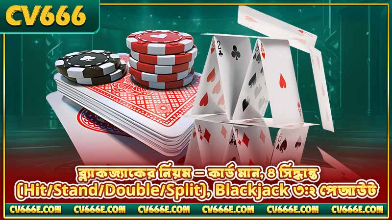 লাইভ ব্ল্যাকজ্যাক নিয়ম — চার্ট, ধরন ও কৌশল 2 ব্ল্যাকজ্যাকের নিয়ম — কার্ড মান, ৪ সিদ্ধান্ত (Hit/Stand/Double/Split), Blackjack ৩:২ পেআউট