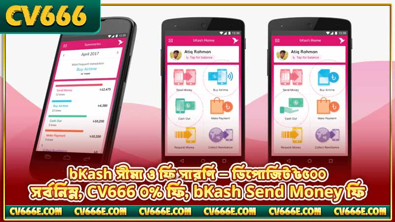 CV666 bKash দিয়ে ডিপোজিট ও উইথড্র করার পূর্ণ গাইড 4 bKash সীমা ও ফি সারণি — ডিপোজিট ৳৫০০ সর্বনিম্ন, CV666 ০% ফি, bKash Send Money ফি