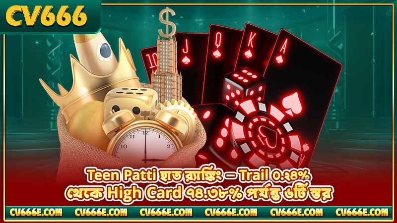 Teen Patti লাইভ ক্যাসিনো — নিয়ম, কৌশল ও স্টুডিও 2 Teen Patti হাত র্যাঙ্কিং — Trail ০.২৪% থেকে High Card ৭৪.৩৮% পর্যন্ত ৬টি স্তর